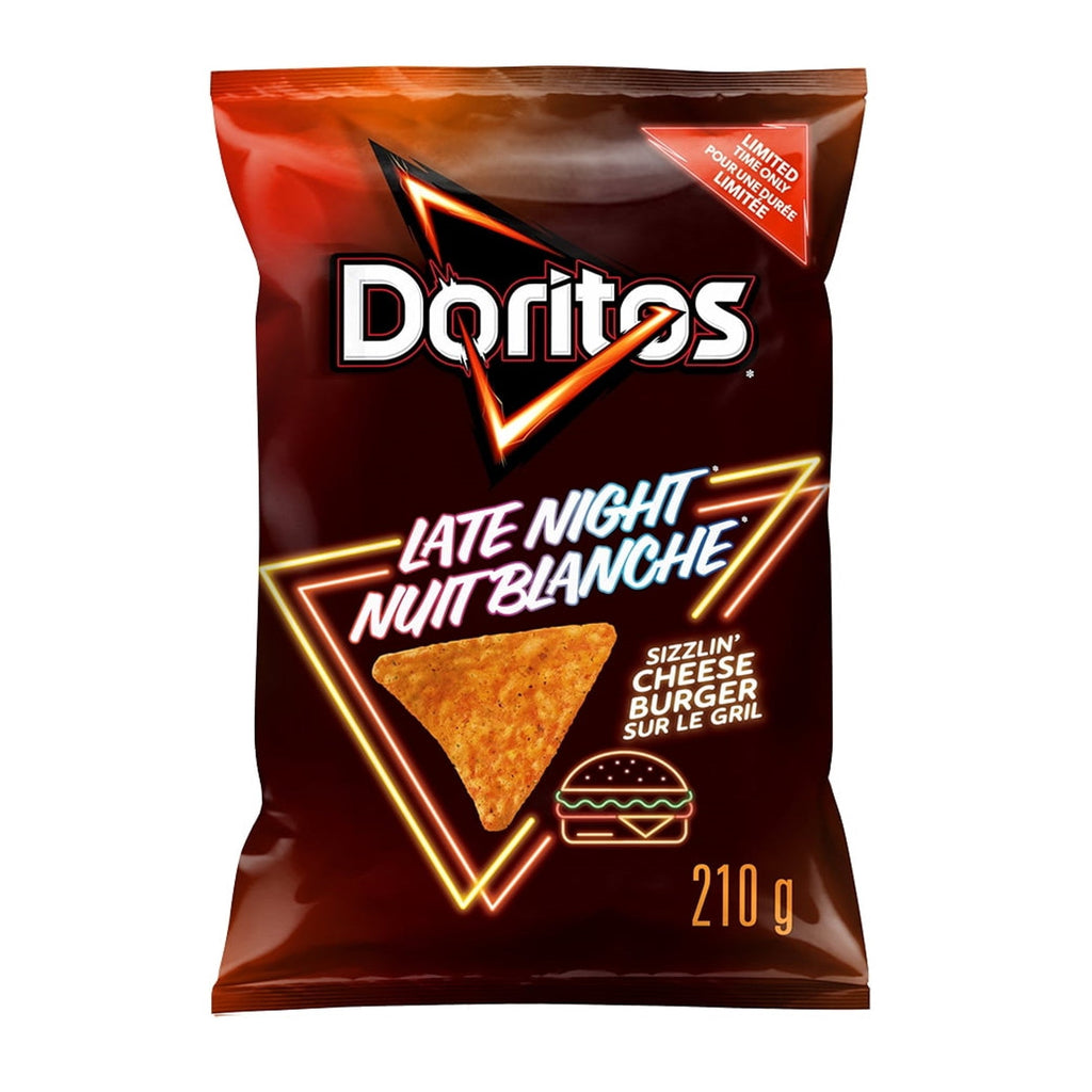 Doritos Late Night Sizzlin cheeseburger Tortilla chips 210g CANADA (Case of 12)