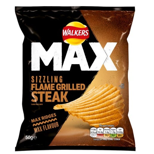 Lays-Walkers Max sizzling flame grilled steak Potato chips 50g UNITED KINGDOM (Case of 12)